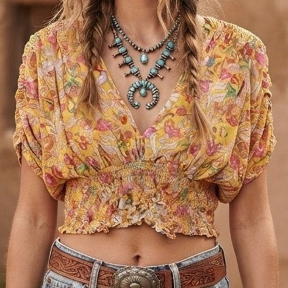 Floral Smocked Crop Top Boho Yellow S western cottagecore festival‎ fairycore